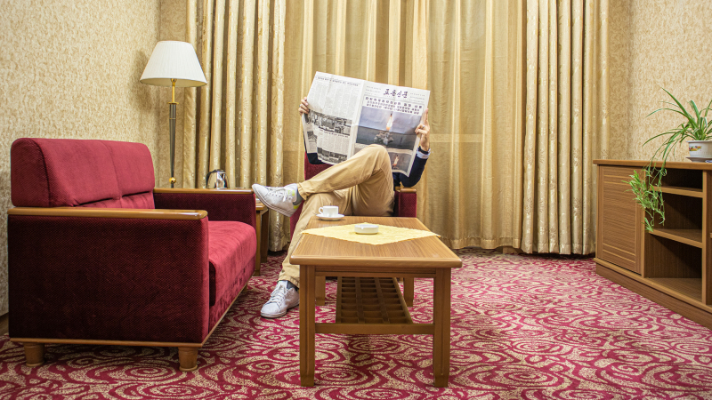 <p>Me in my hotel room in  Pyongyang, 2019, D.P.R.K.</p>